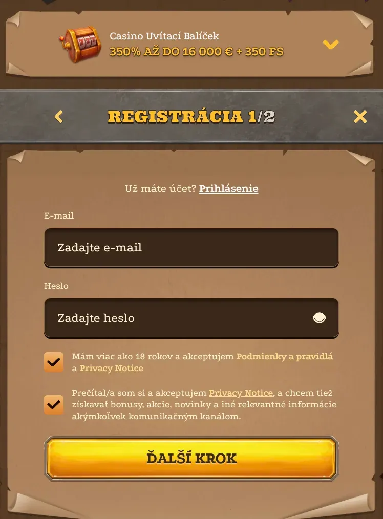 Registračný formulár v Lizaro casino